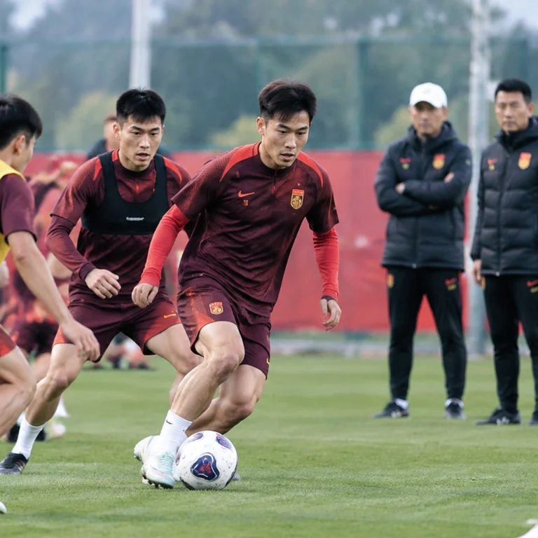 中国男足训练场上,教练组观察球员身体状态与战术演练