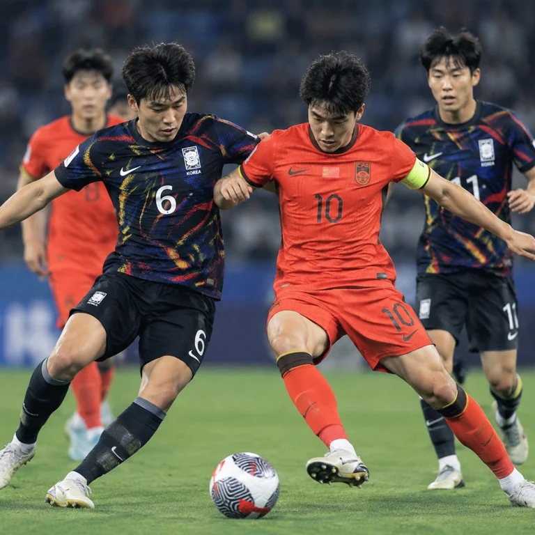 U23国足与韩国U23比赛现场，球员在禁区附近展开攻防
